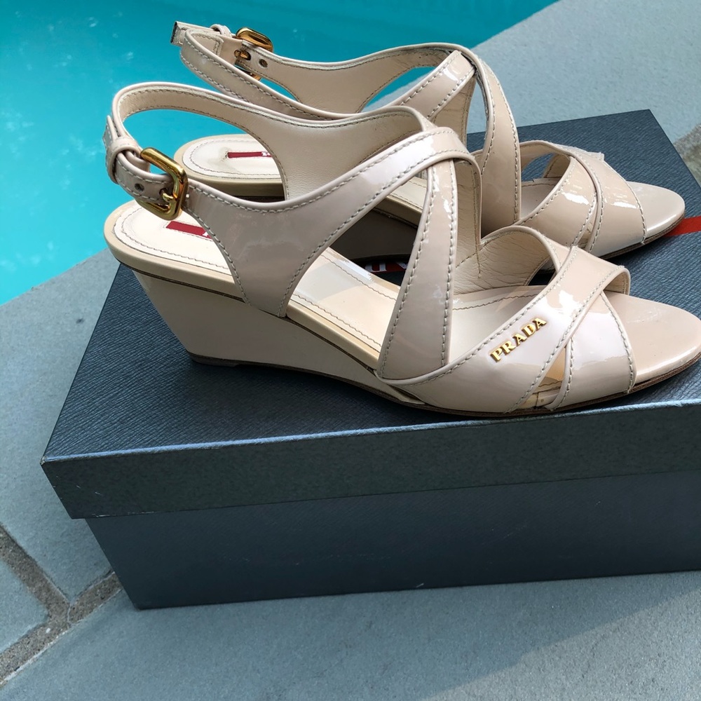 Prada Logo Strappy Low Wedge Sandals Sz 37.5 - Picture 3 of 10